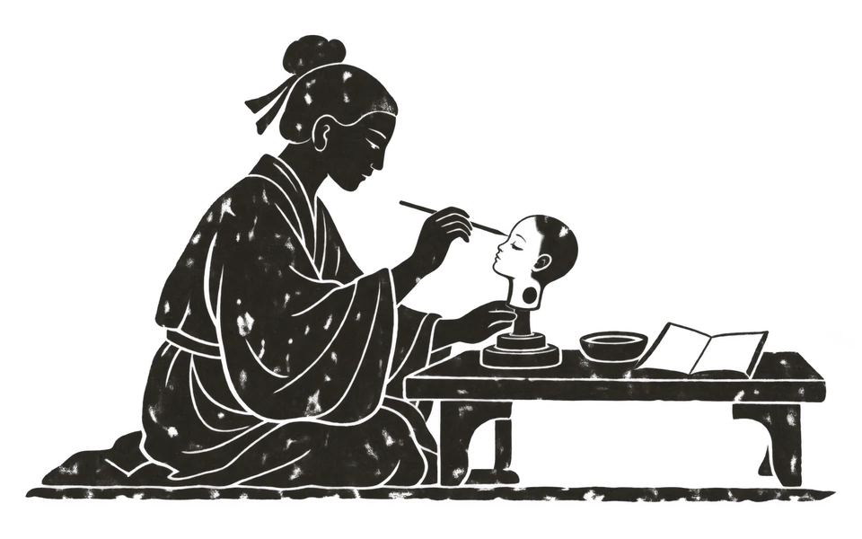 An artisan paints a supported doll beside an open note.