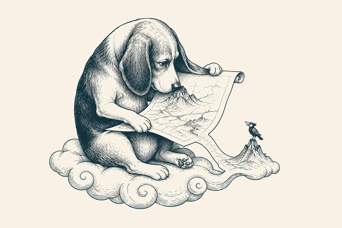 A beagle sits on a cloud reading a map, while the unrolled paper becomes a mountain with a bird perched on top